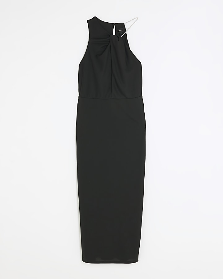 Black diamante halter neck bodycon midi dress