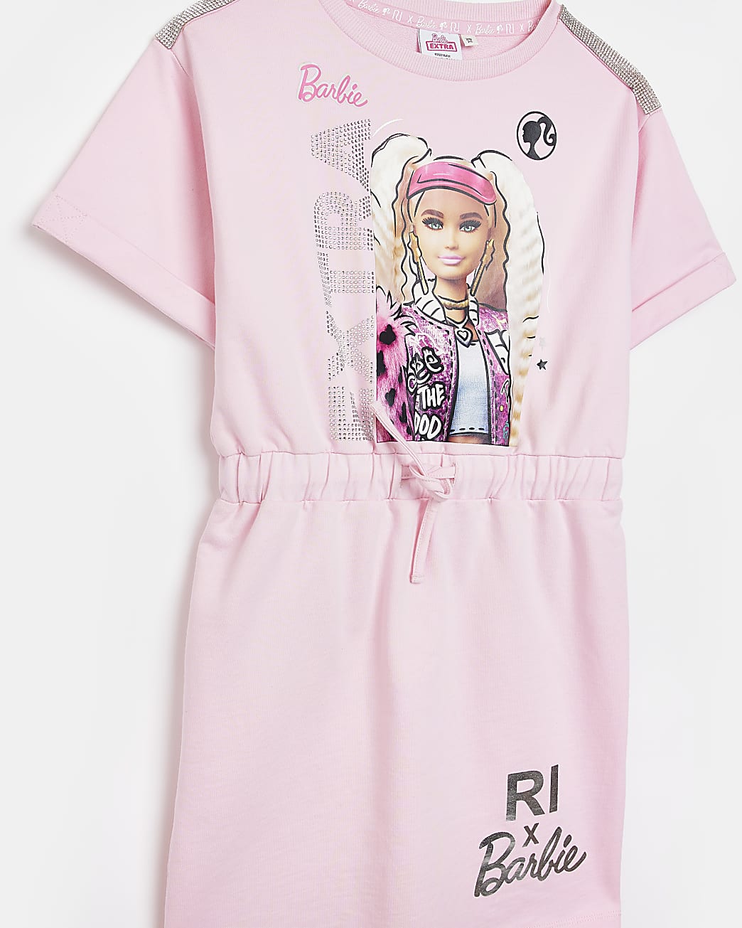 Girls Pink RI x Barbie Print Drawstring Dress