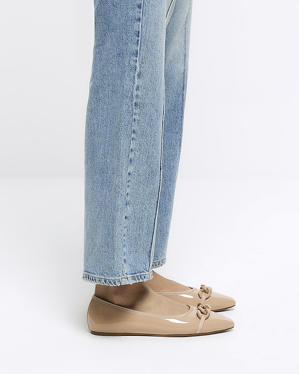 Beige pointed chain detail ballerina flats