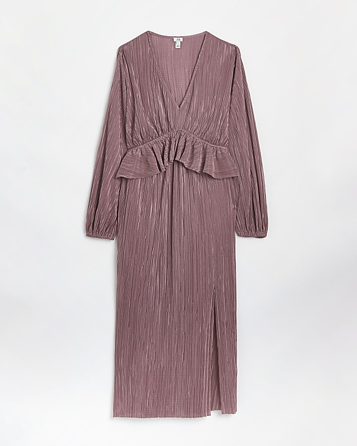 Beige long sleeve plisse frill midi dress