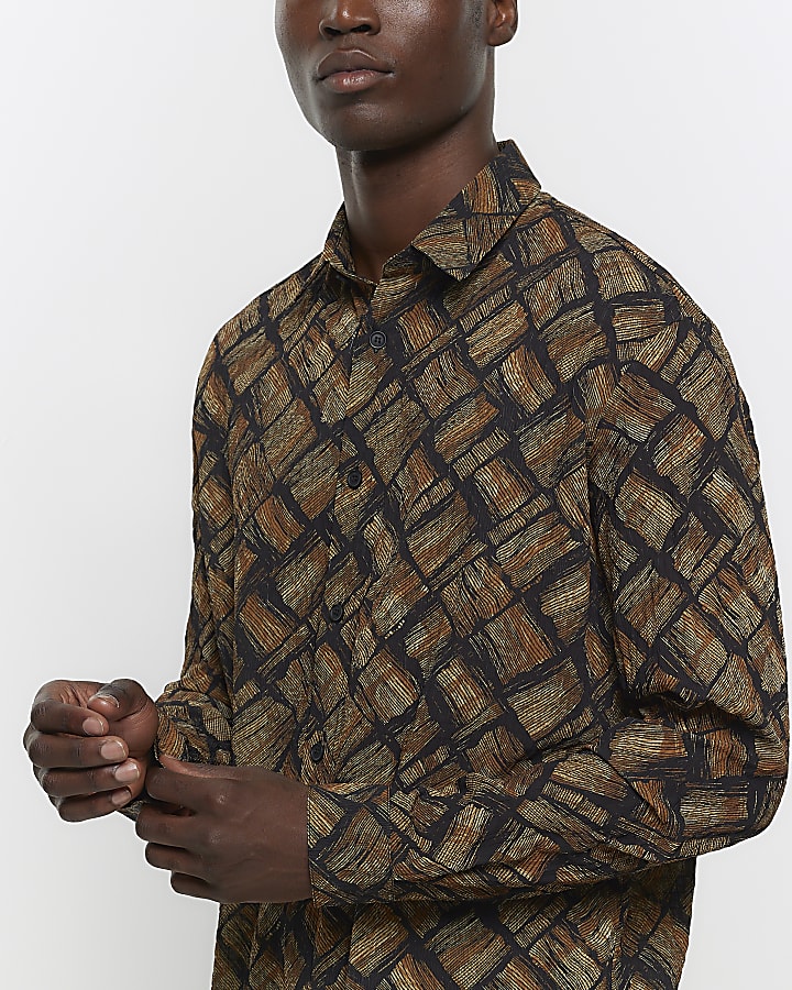 Brown regular fit brick texture shirt