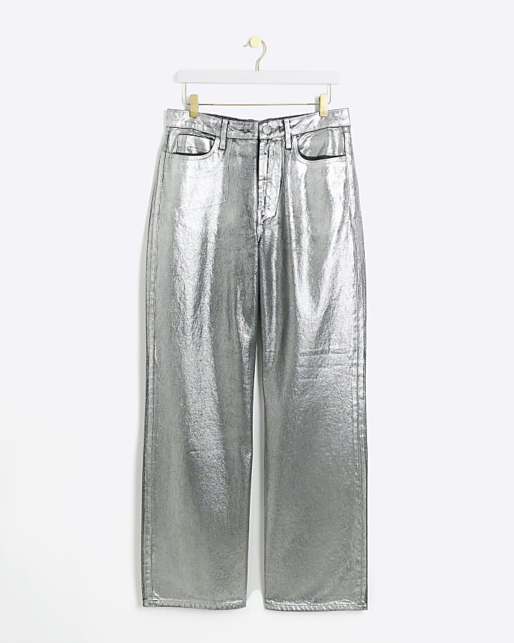 Silver high waisted straight coated jeans