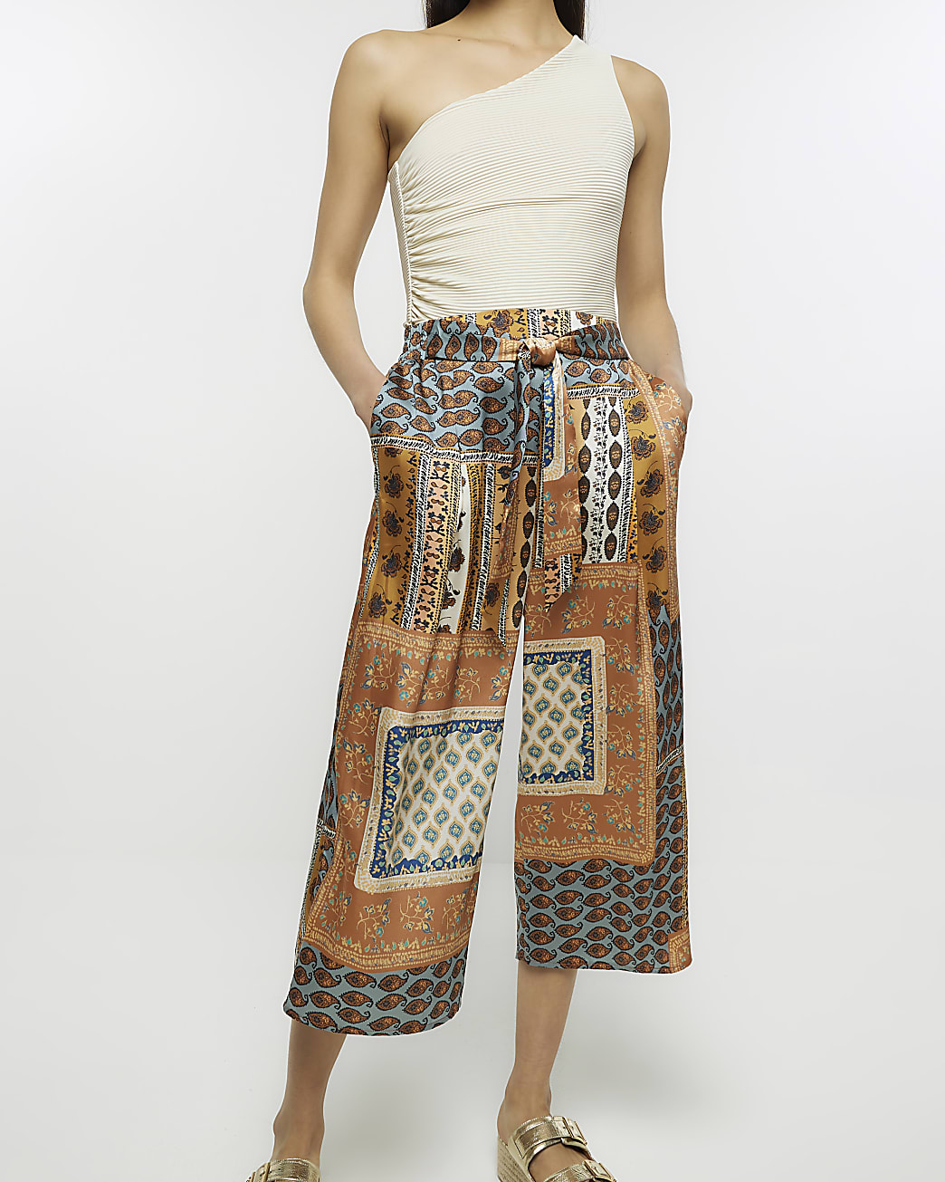 Orange satin floral crop wide leg trousers