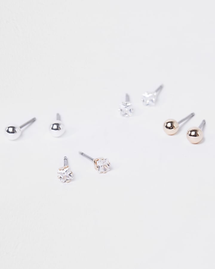Silver diamante stud earrings multipack