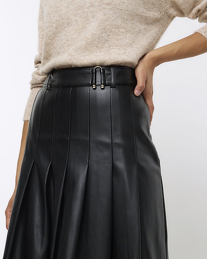 Black faux leather pleated midi skirt