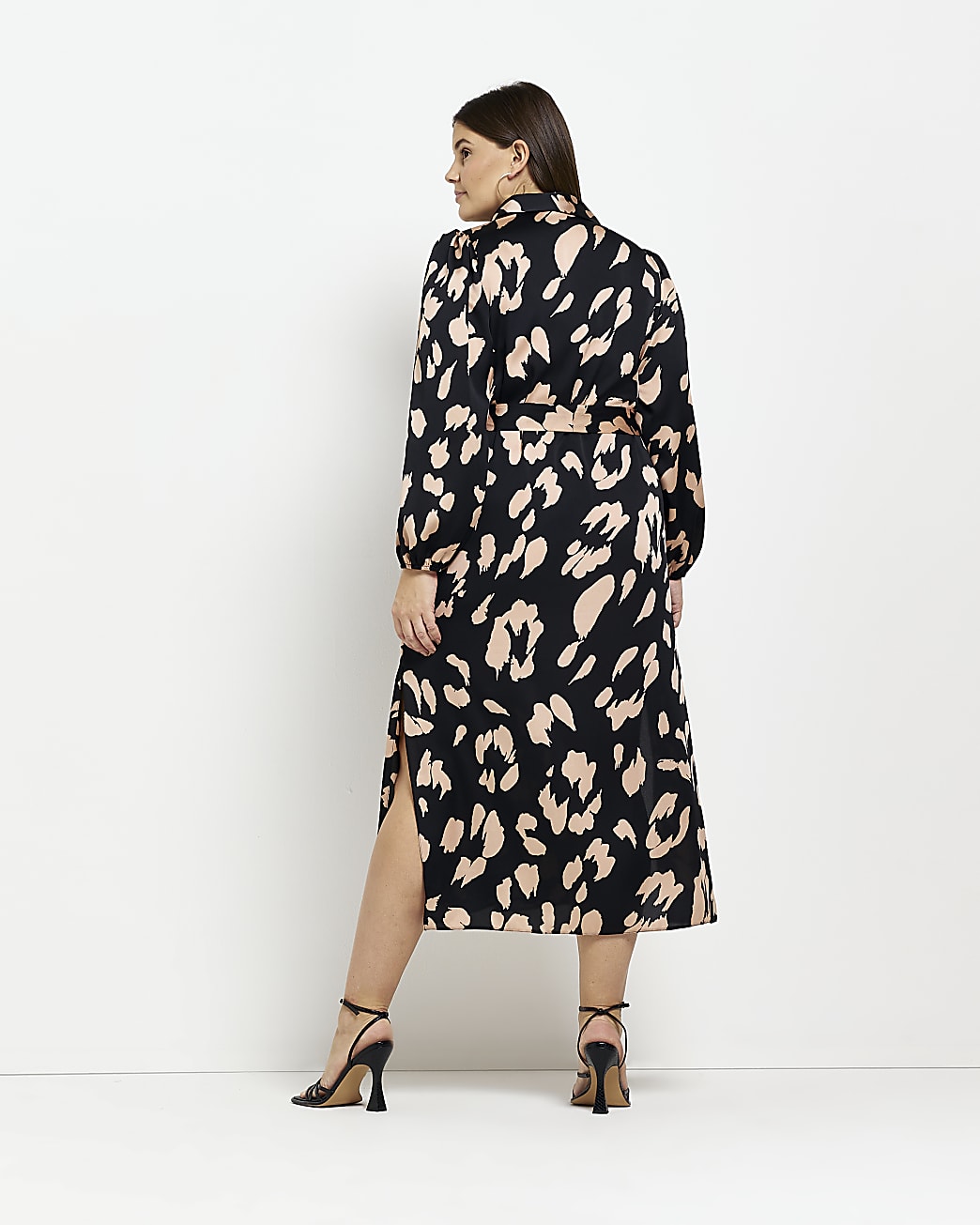 Plus black satin midi shirt dress