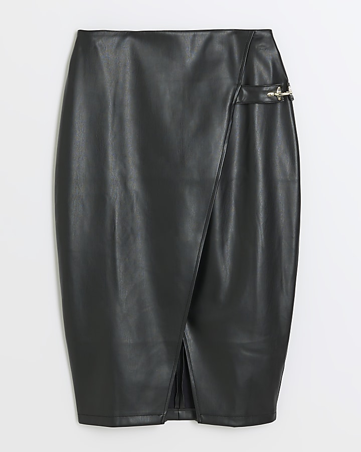 Plus black faux leather wrap midi skirt