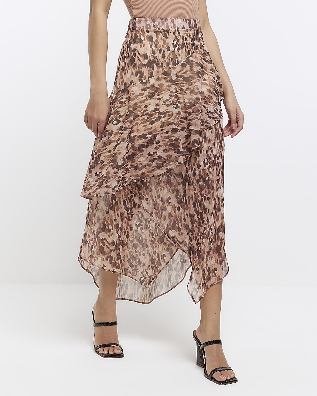 Brown animal print layered midi skirt