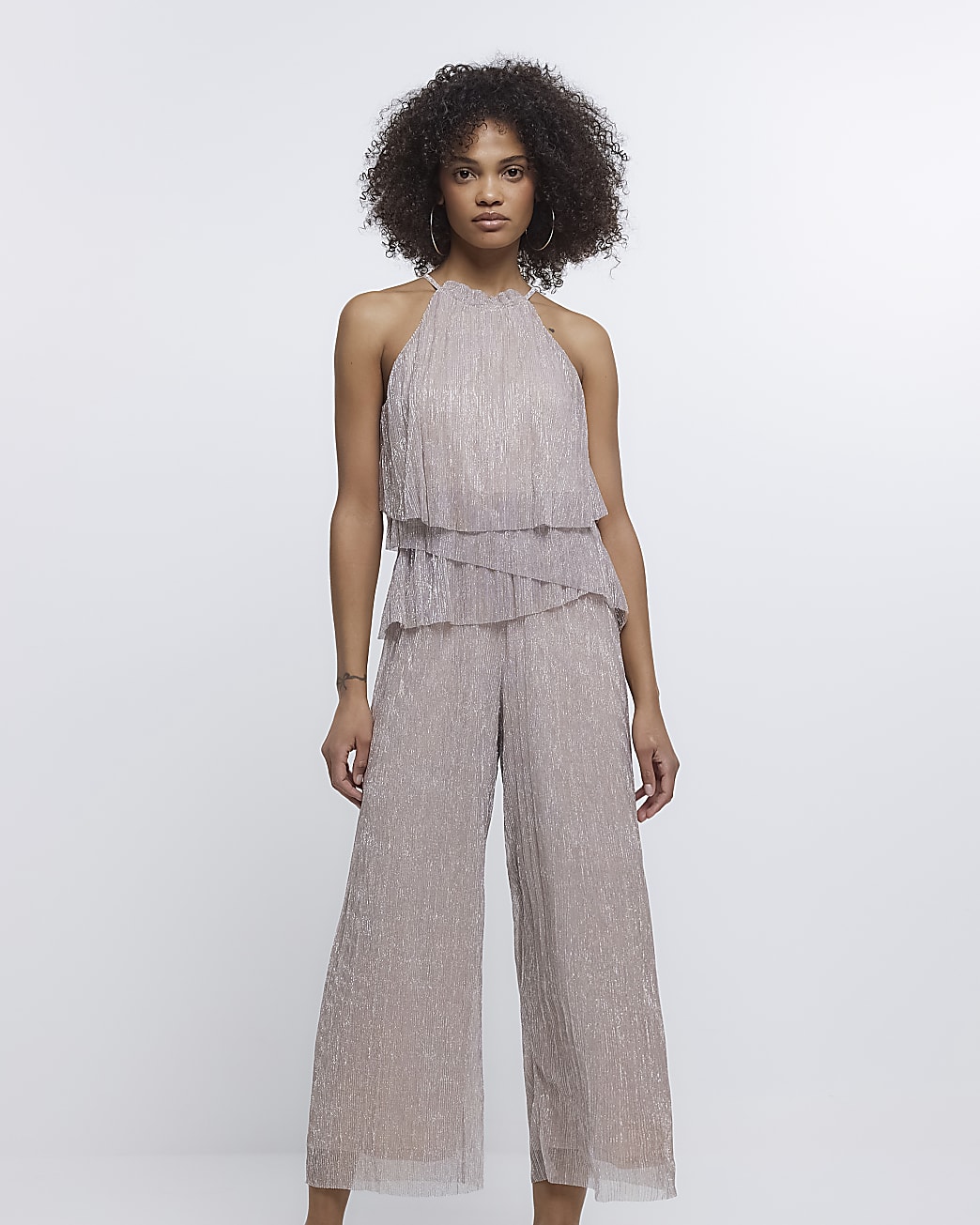 Cream Halter neck frill jumpsuit