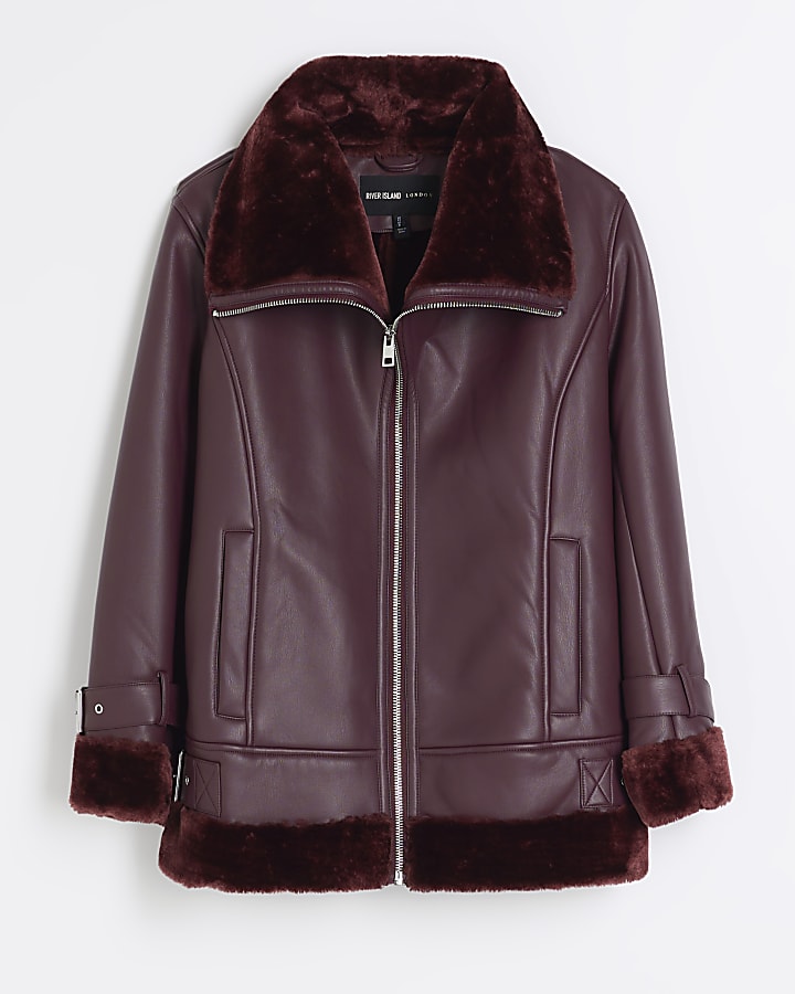 Red faux leather aviator jacket