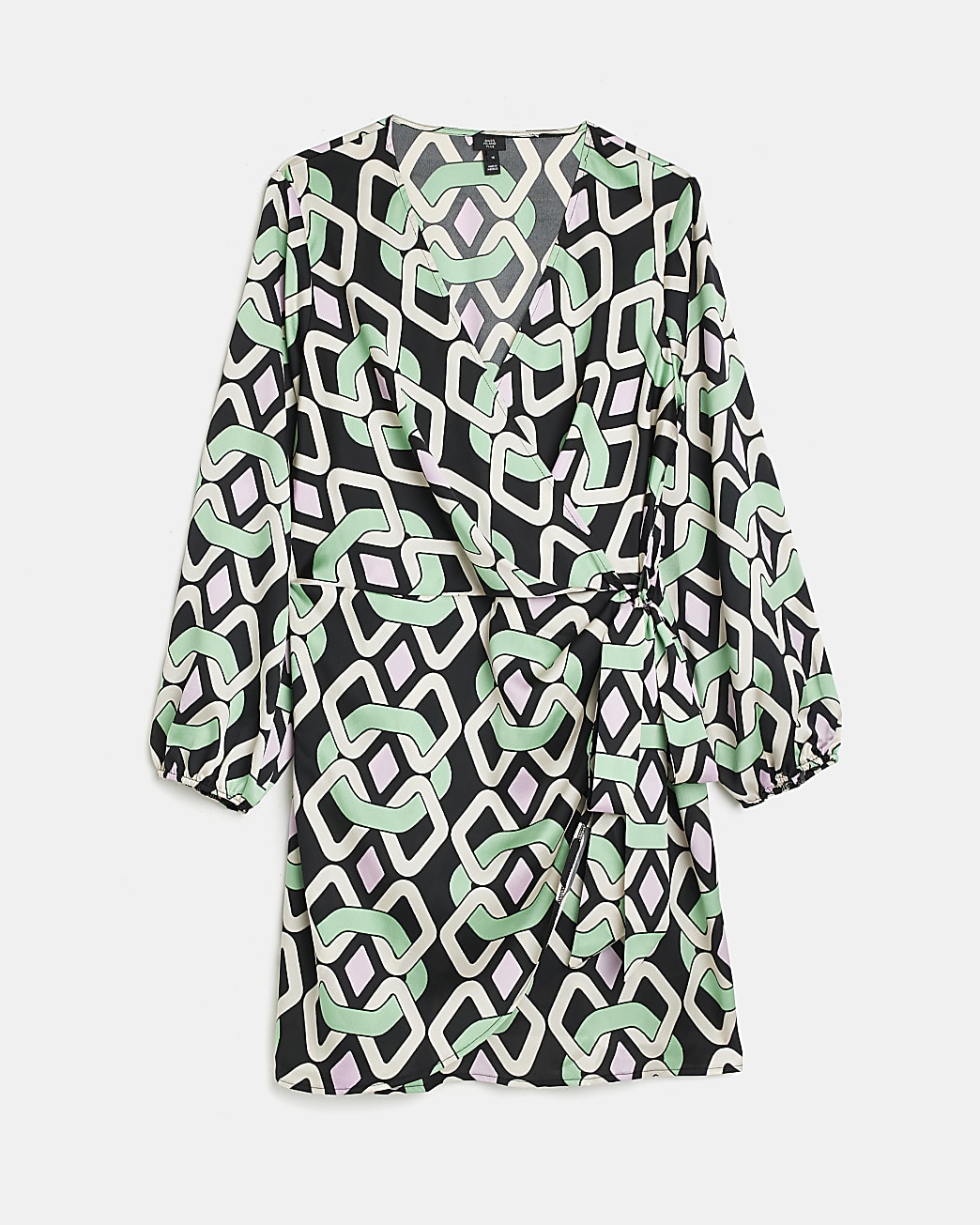 Plus green printed satin wrap mini dress