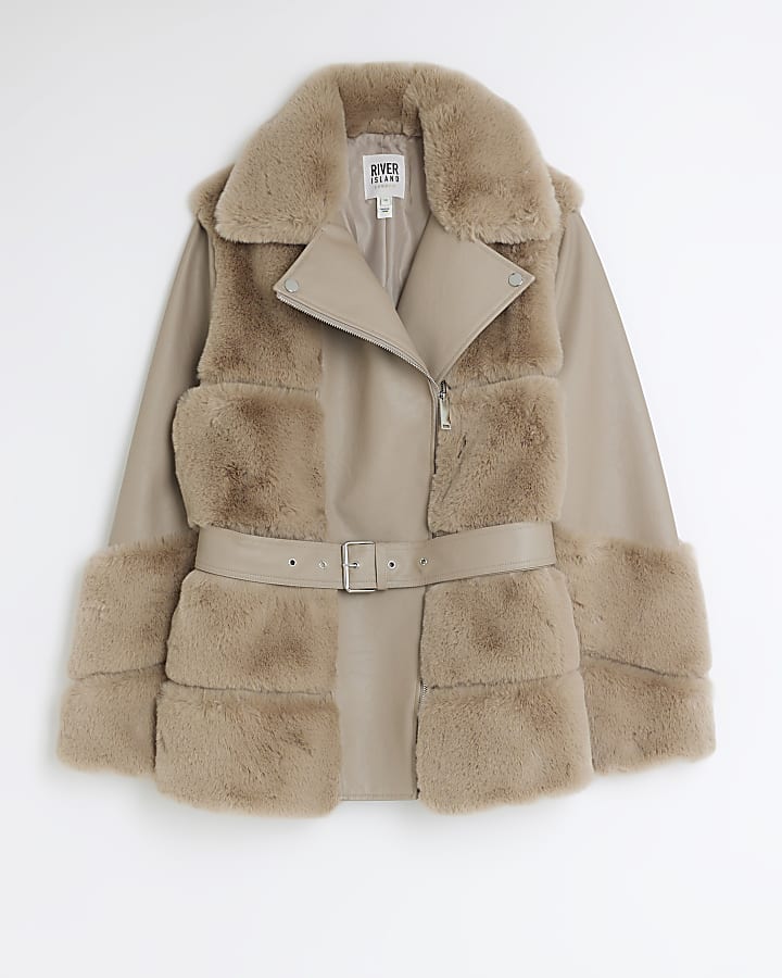 Cream faux fur belted biker jacket