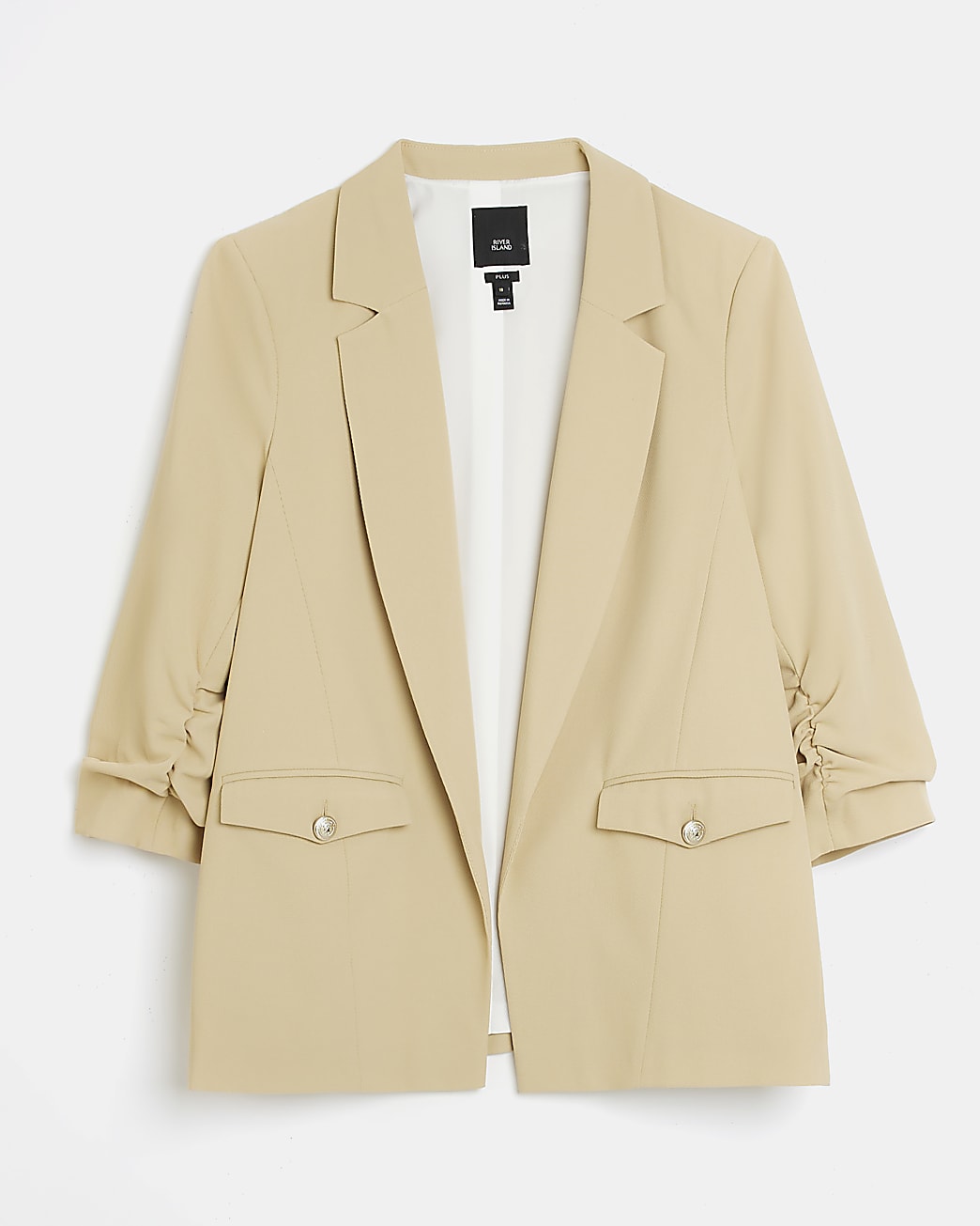 Plus beige ruched sleeves blazer