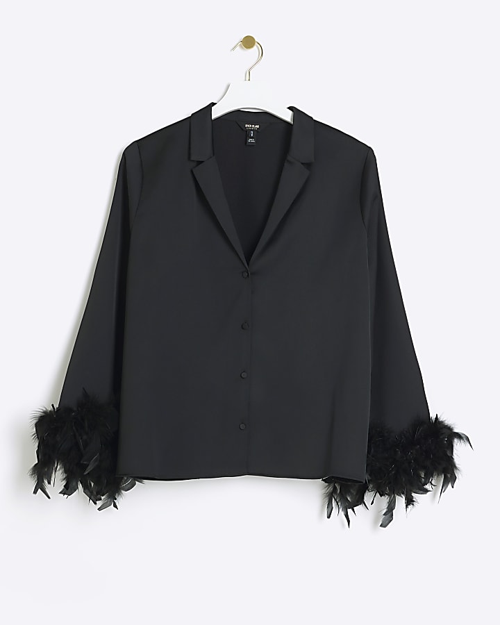 Black feather cuff shirt