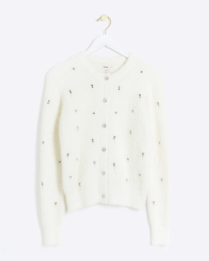 Cream embellished fluffy cardigan