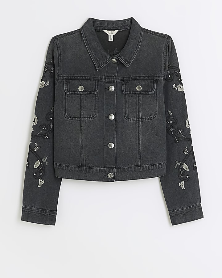 Grey embroidered crop denim jacket