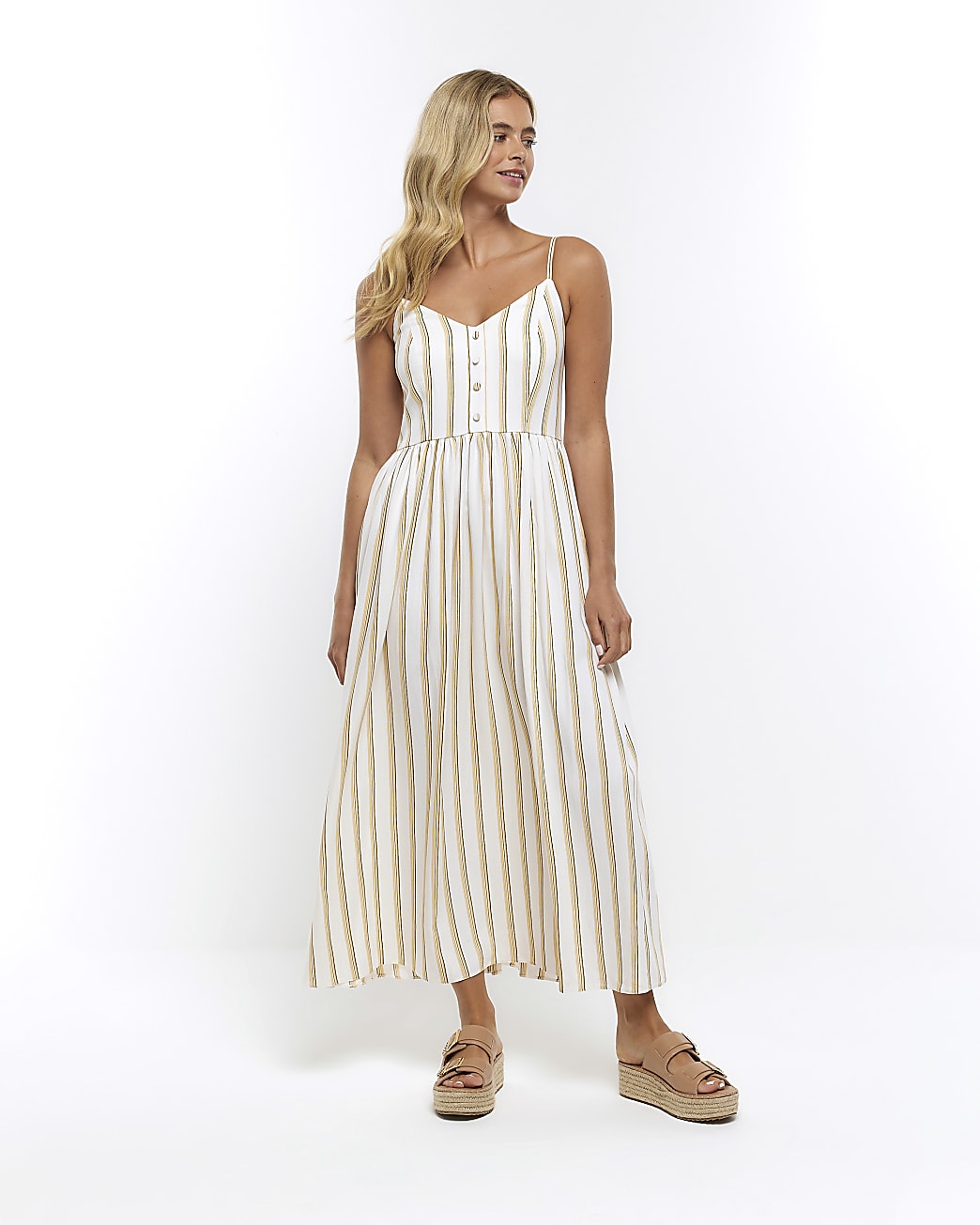 Yellow poplin striped swing midi dress