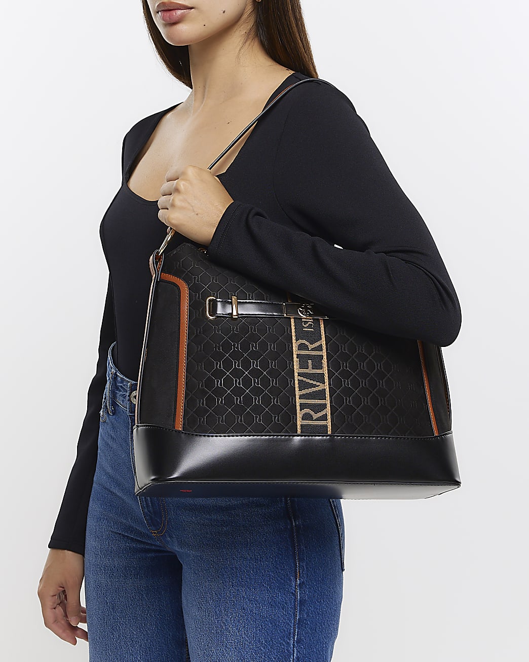 Black RI monogram webbing shoulder bag