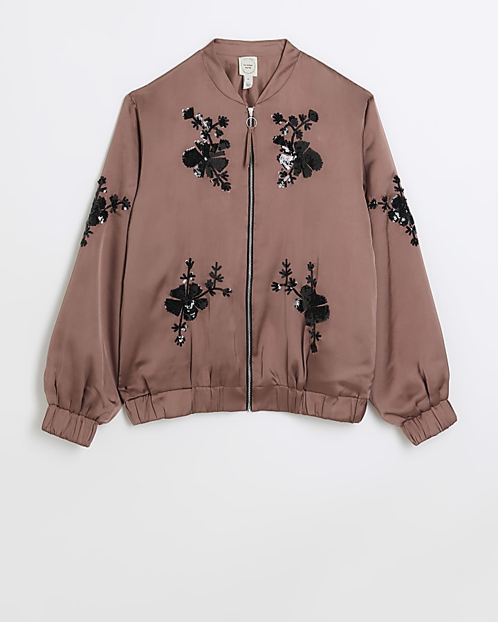 Pink satin embellished bomber jacket