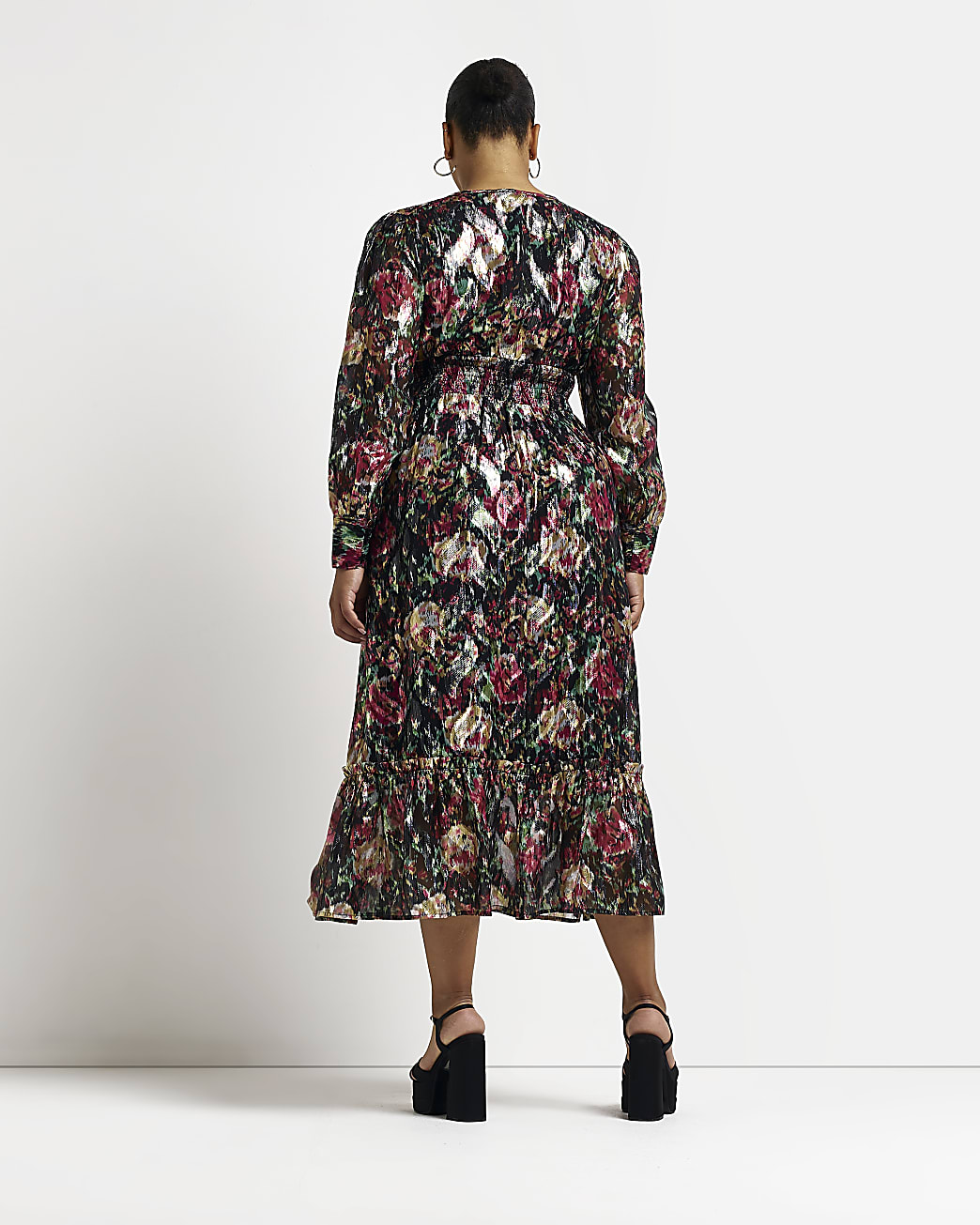 Plus black floral shirred maxi dress