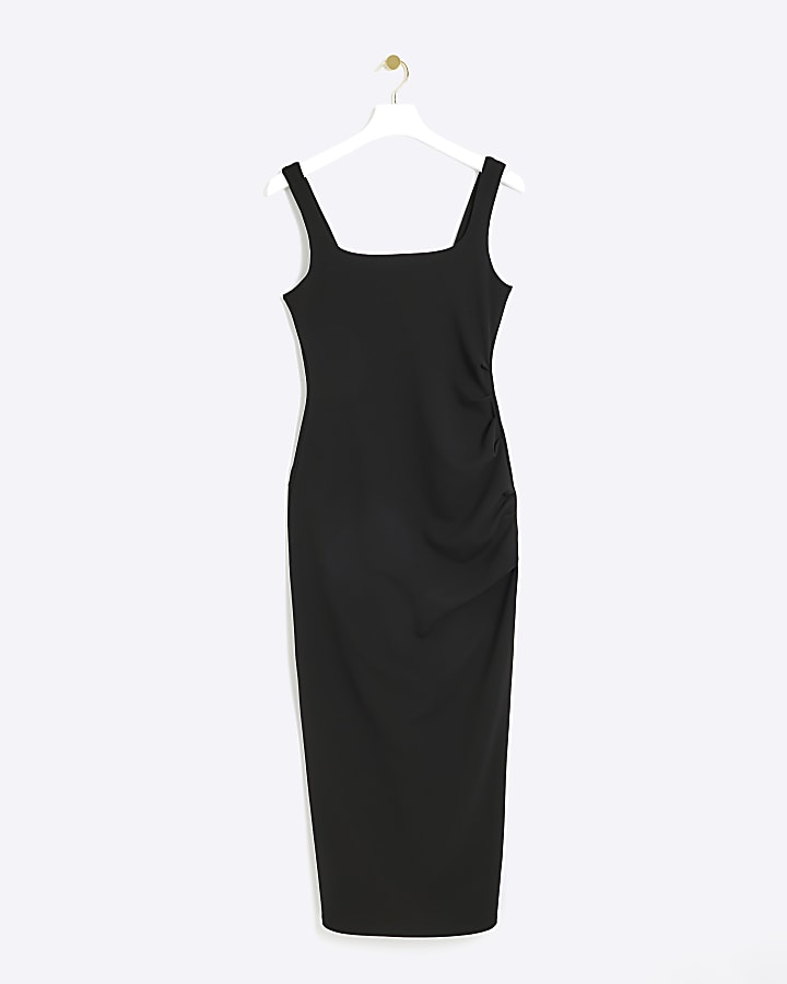Black ruched side bodycon midi dress