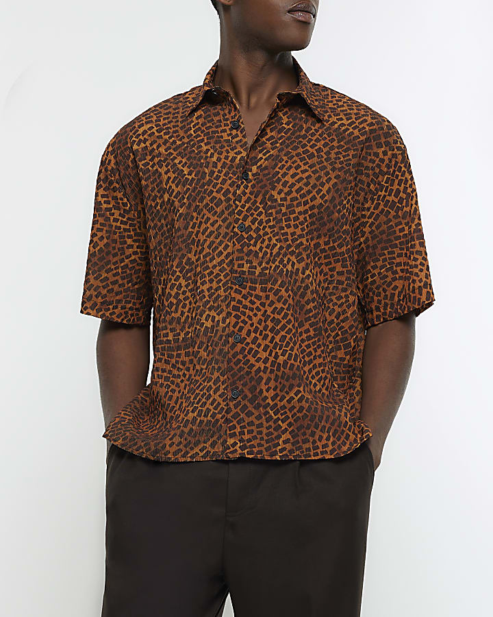 Brown boxy fit square print shirt