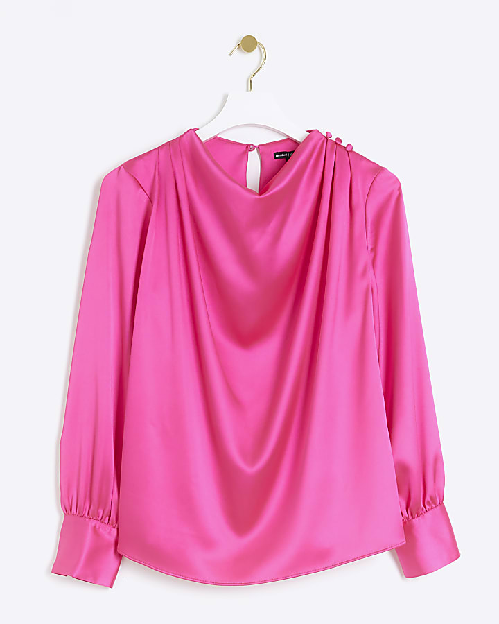 Pink satin cowl neck blouse