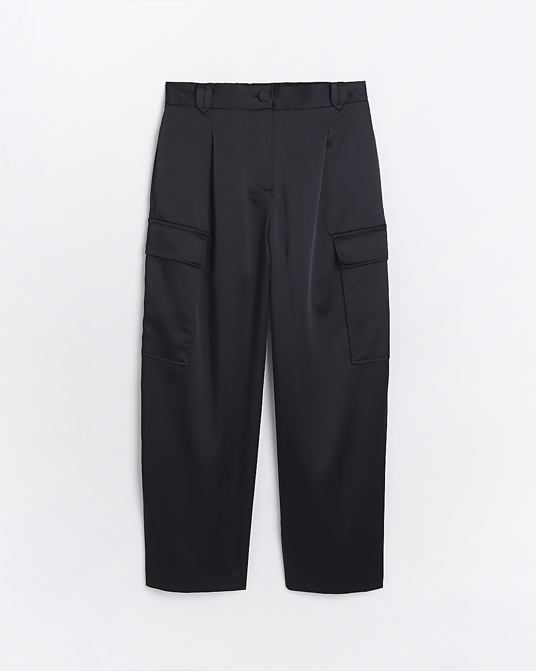 Petite black satin wide leg cargo trousers
