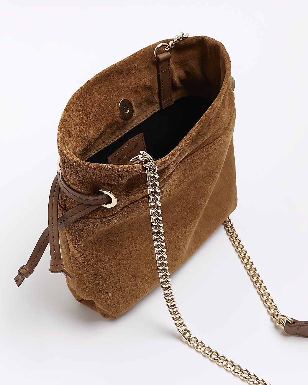 Brown suede drawstring cross body bag