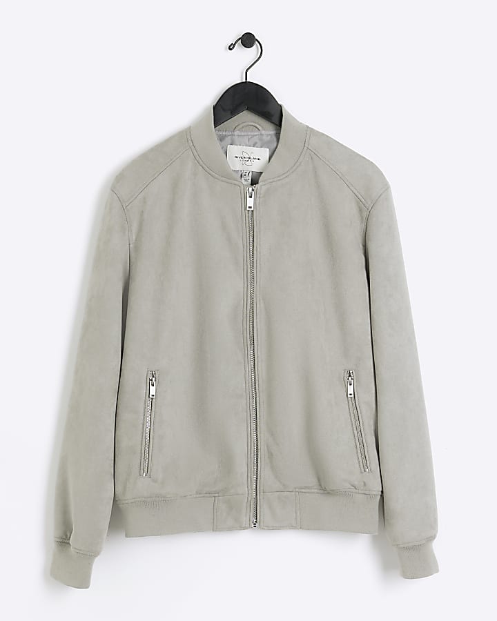 Grey regular fit suedette bomber jacket