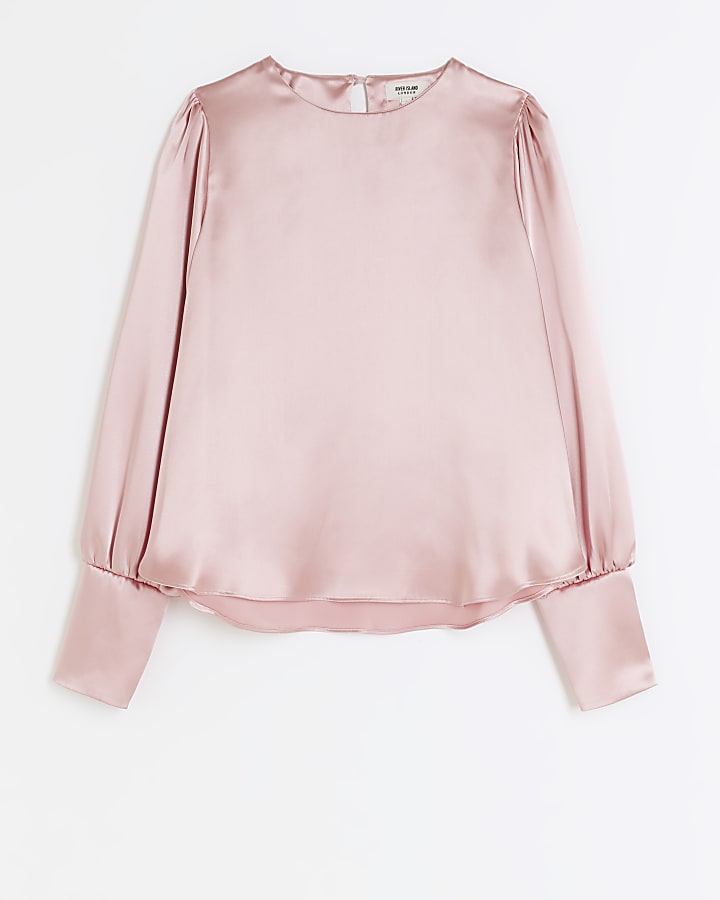 Pink satin long sleeve blouse