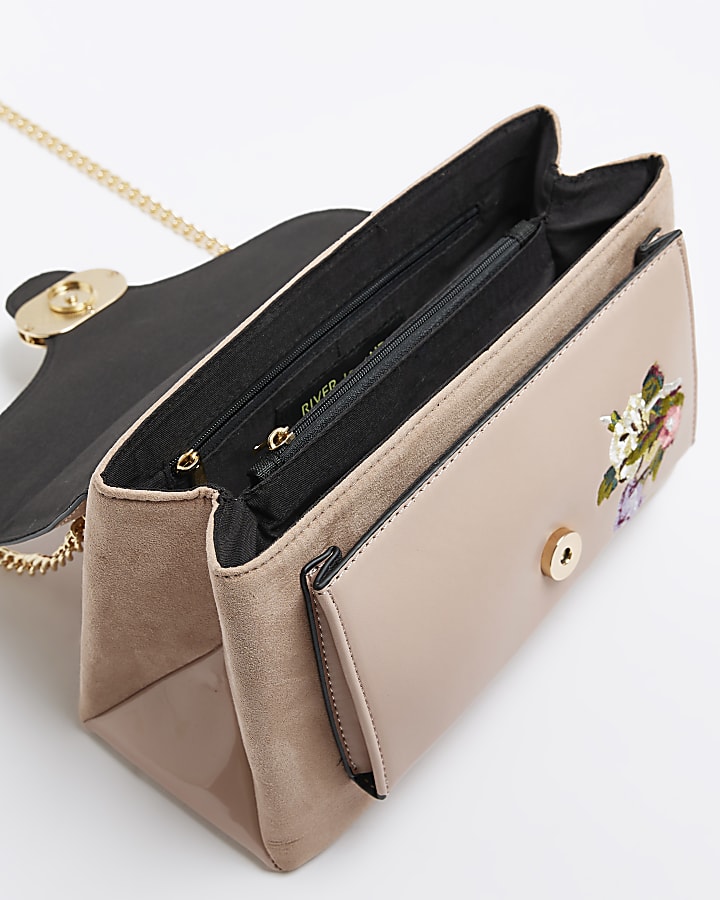Pink floral embroidered shoulder bag
