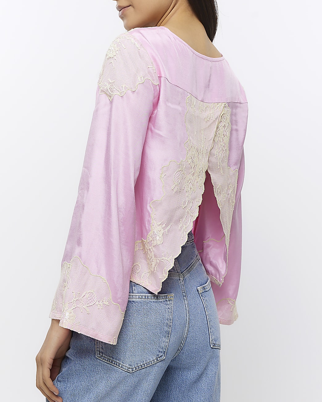 Pink satin lace long sleeve top