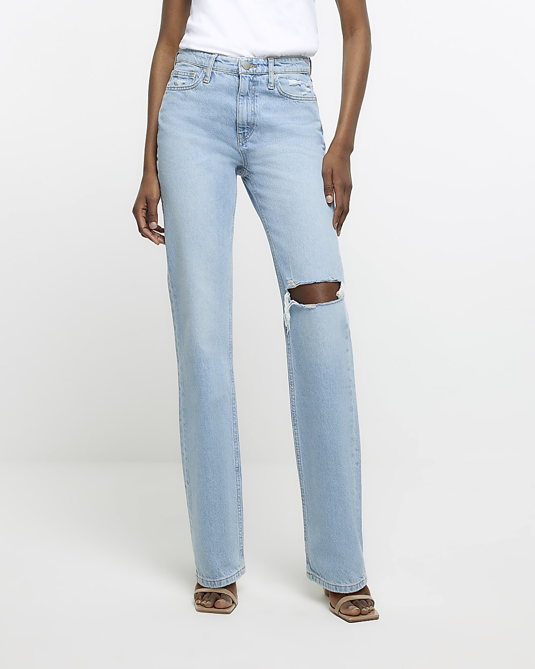Blue high rise ripped straight leg jeans