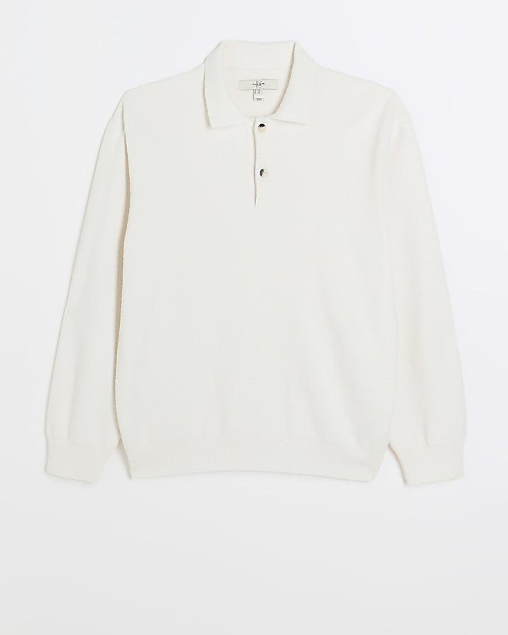 Ecru slim fit boucle long sleeve polo