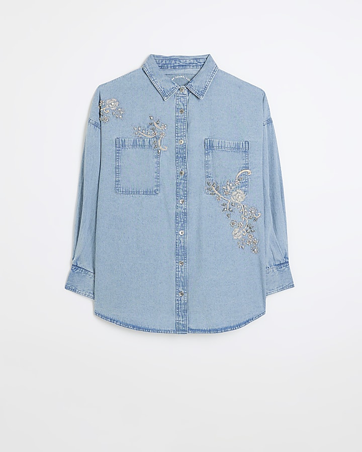 Plus blue embellished long sleeve shirt