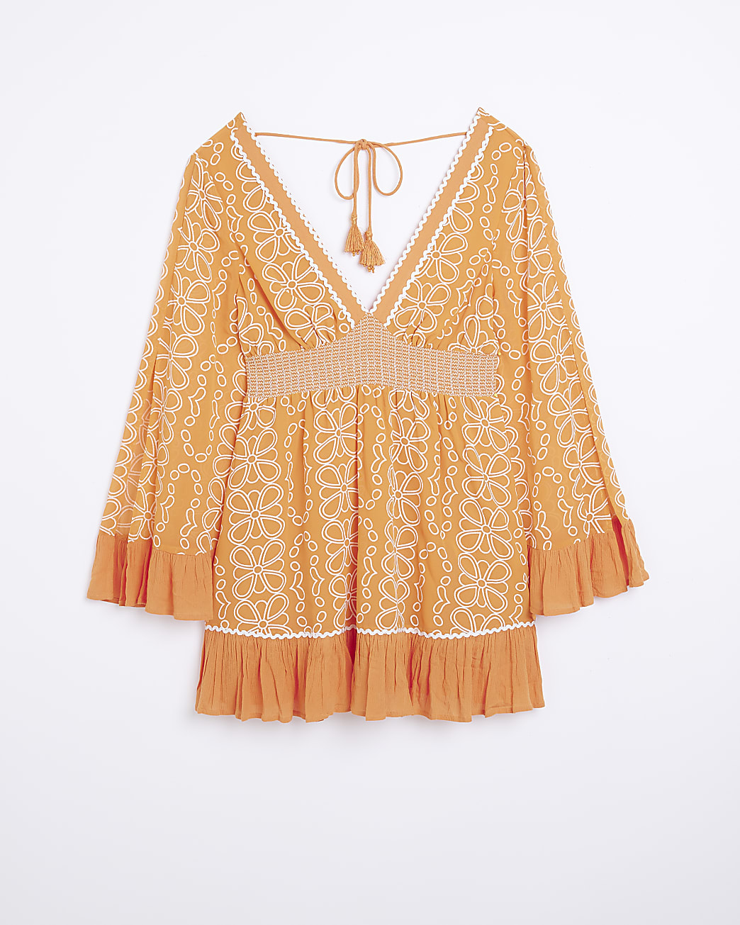 Orange floral embroidered beach mini dress
