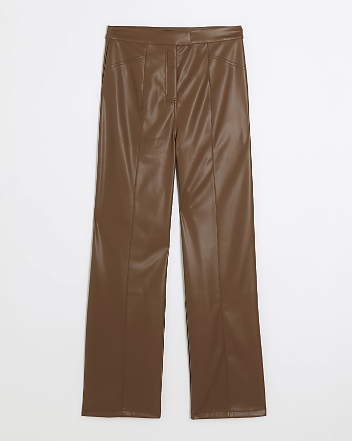 Brown faux leather straight trousers
