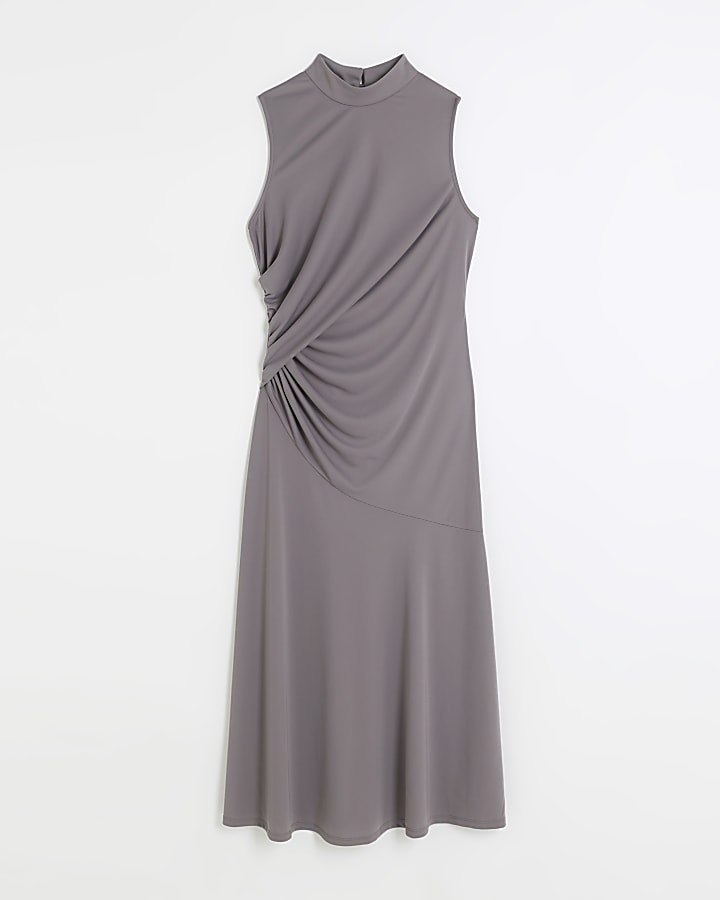 Grey drape detail shift midi dress