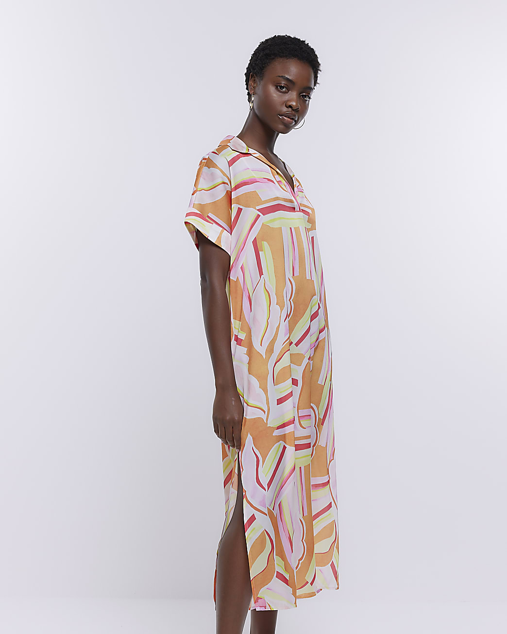 Orange abstract shift midi dress