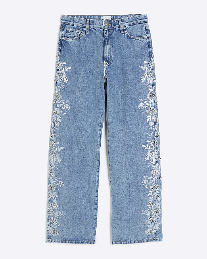 Blue embroidered relaxed straight jeans