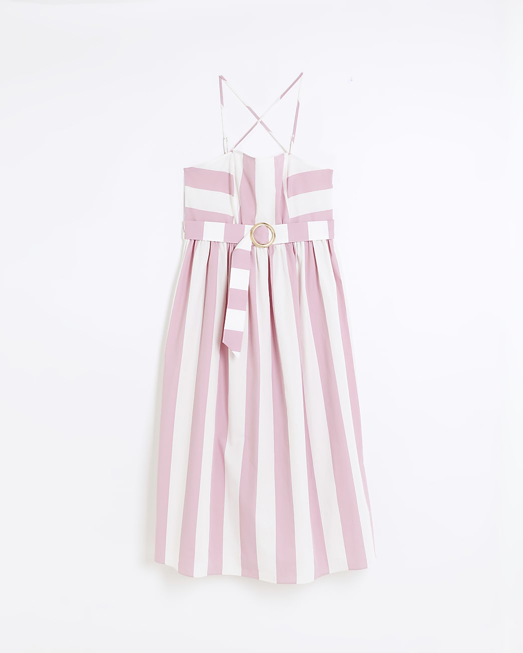 Pink striped belted swing midi dress