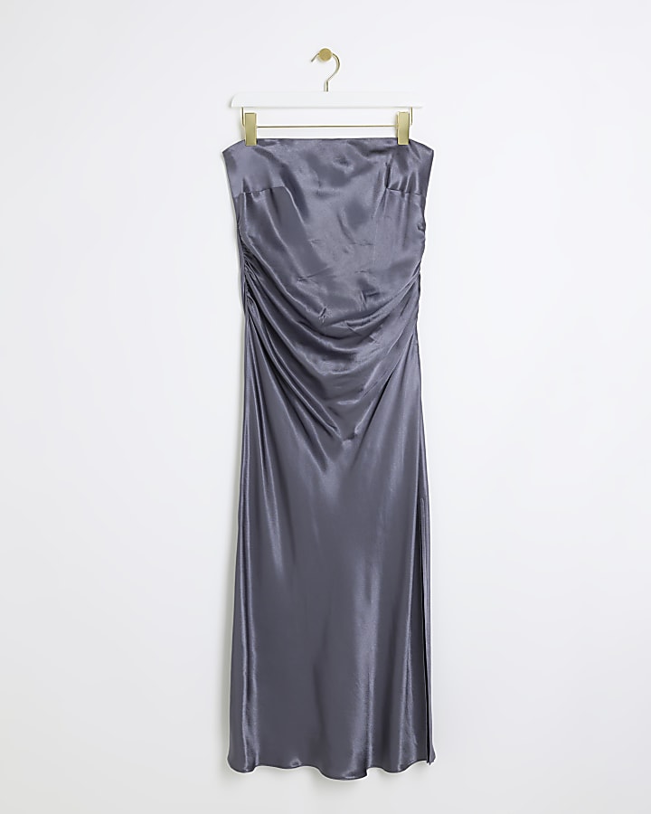 Navy ruched bandeau slip midi dress