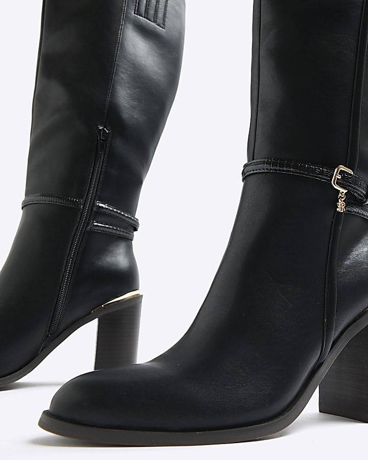 Black buckle high leg heeled boots