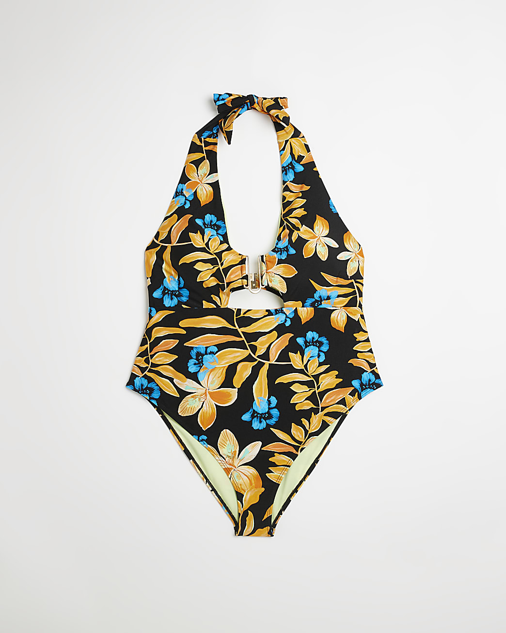 Plus black floral halter neck swimsuit