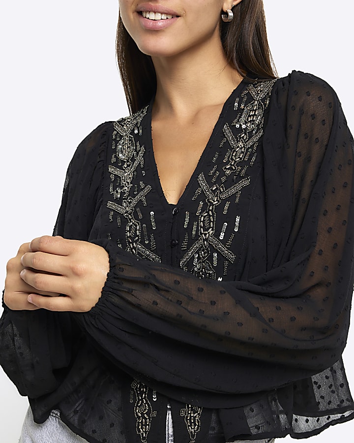 Black embellished batwing top