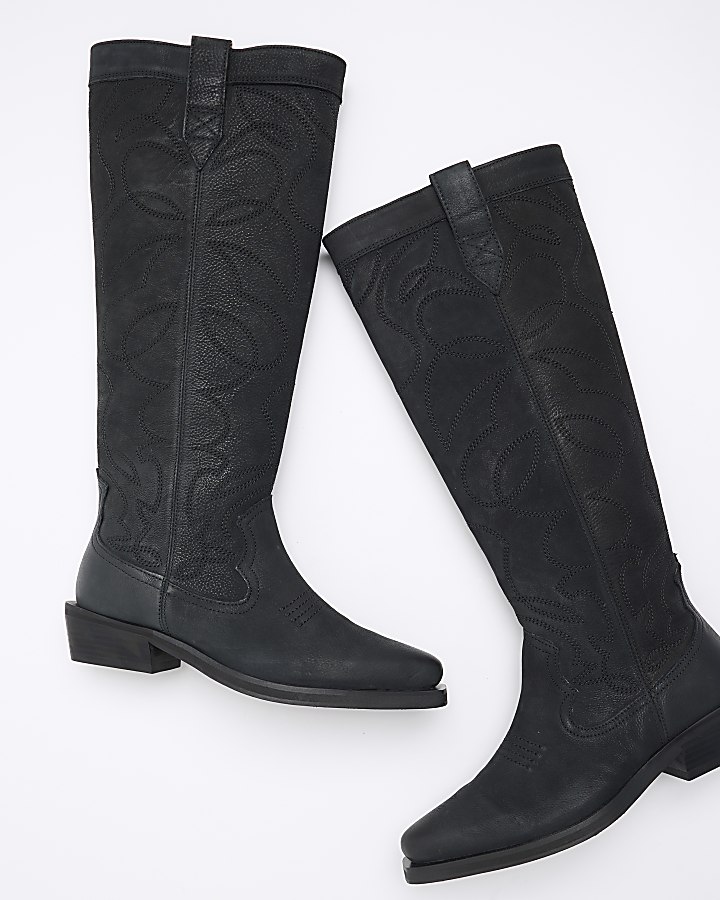 Black leather high leg western boots