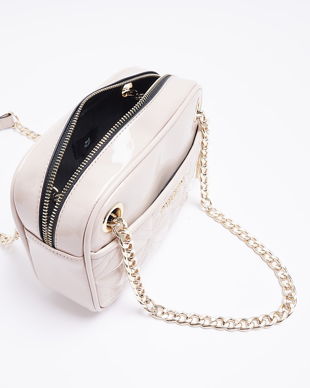 Pink patent quilted shoulder bag