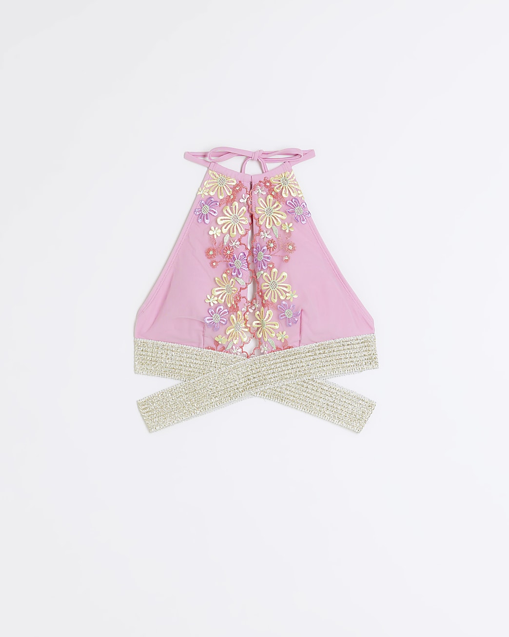 Pink wrap elastic halter bikini top