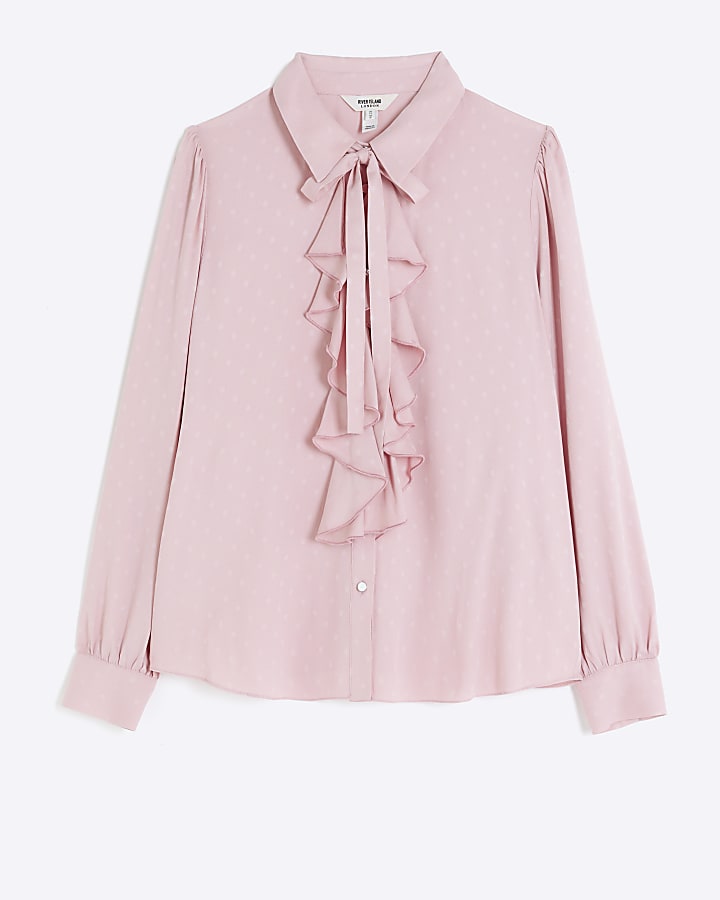 Pink frill tie neck shirt